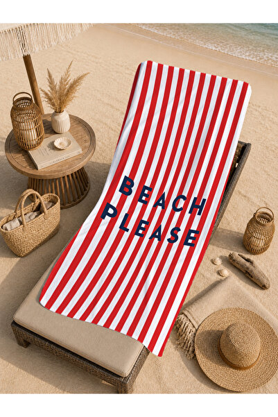 Evmila Beach Please Red Striped Patterned 70X150 Beach Towel - Digital Printe...