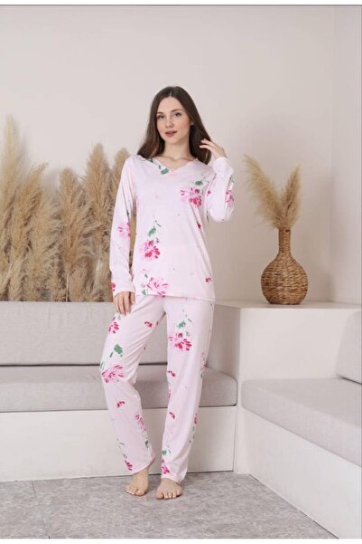 BALİS PİJAMA Women's Plus Size Floral Patterned Long Sleeve Pajama Set with E...