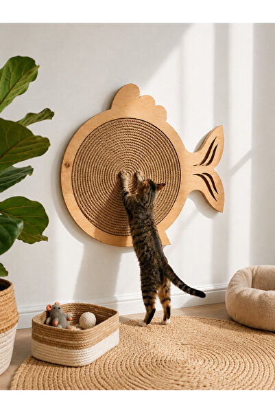 Boncukafası Kedi Figürlü Duvara Monte Jüt İpli Kedi Tırmalama Tahtası 46x40 c...