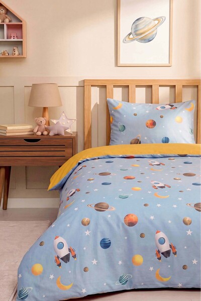 Rivaİstanbul Clouds & Space Shuttle Single Cotton Children's Duvet Cover Set