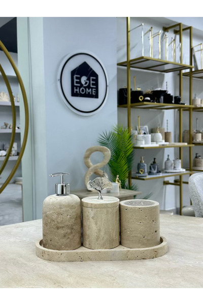 ege gross Decorative Travertine Natural 4-Piece Bathroom Set with Silver Details