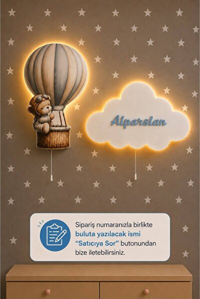BugyBagy Ahşap 2’li İsme Özel Duvar Lambası Seti Yıldız Hediyeli Pilli LED Ge...