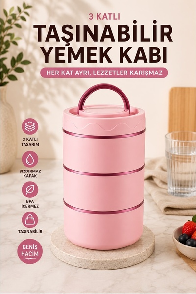 Kitchen Beauty 3 Katlı Beslenme Kabı Taşınabilir Lunch Box BPA İçermez Sızdır...