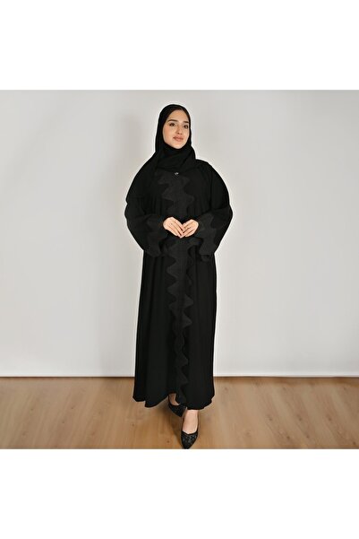 HAWRAA ABAYA Black Closed Abaya with Ruffles and Wave-Shaped Embellishments