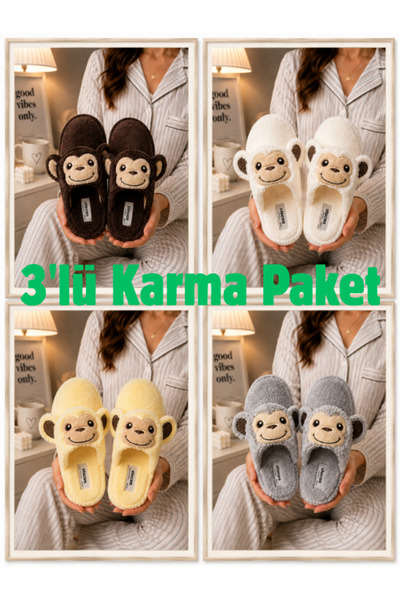 STOCON Cute Monkey Figured Plush House Slippers 3-Piece Soft Sole Winter Hous...