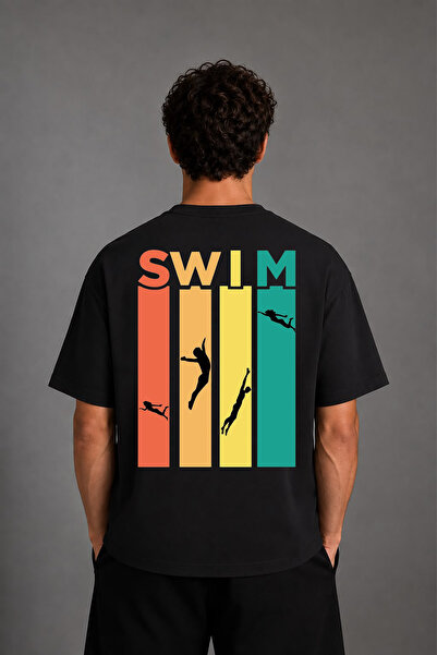 VSRN Tricou negru oversize cu imprimeu pe spate Swım Swım Design