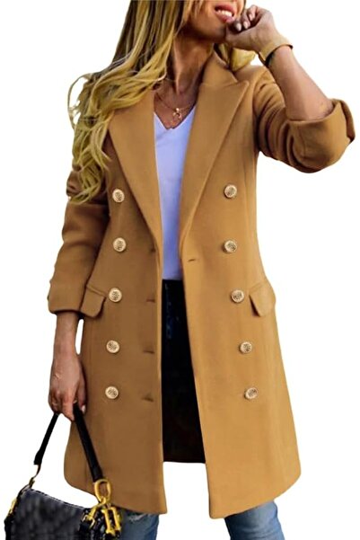 GENERAL IDEALSANXUN Womens Fall Winter Wool Coats Double Breasted Midi Peacoa...