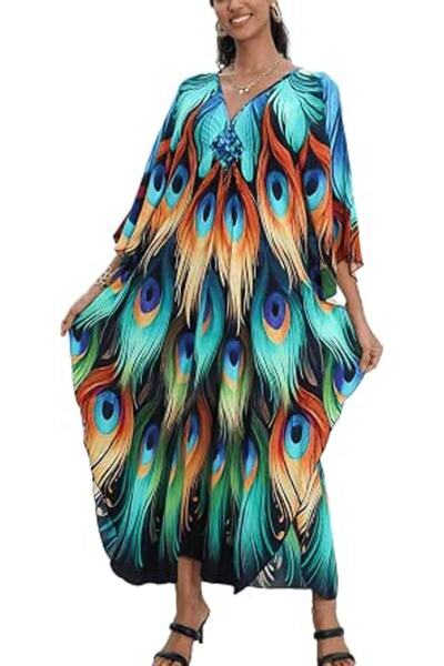 YouKD Maxi Dress V-Neck Kaftan Boho Robes Beach Cover-ups Dress Maxi Garment ...