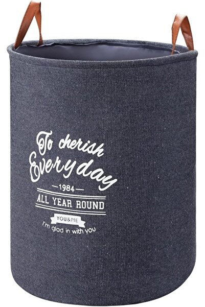 Lawazim Round Laundry Basket with Printed Letters -Dark Blue- Collapsible Ham...