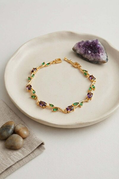 Inure Jewelry سوار نسائي من النحاس الذهبي مزين بحجر الزركون الأرجواني على شكل...