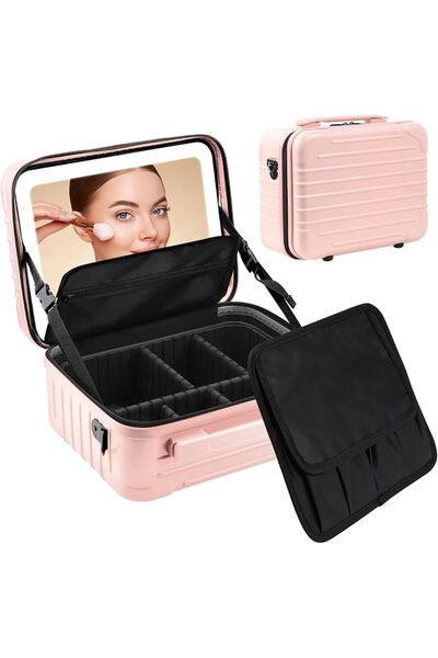 Kalolary 3-Color Travel Makeup Bag with Lighted Mirror, Adjustable Dividers, ...