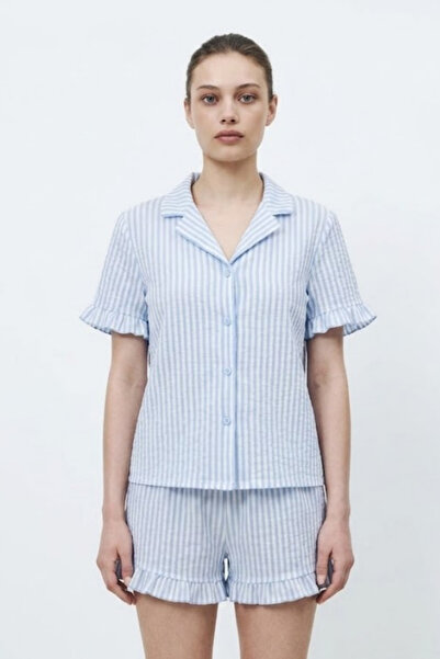 FİT WOMEN Women's Premium Ruffled Blue Pajama Set