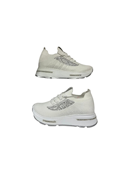 MODALENDO -- Leather Glitter Striped Anatomical Lace-Up Women's Sneaker Beige