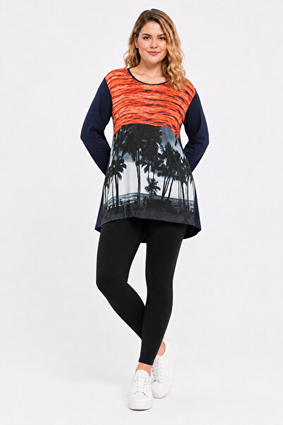 Şans Women's Plus Size, Navy Blue, Front Printed Blouse 65N39605