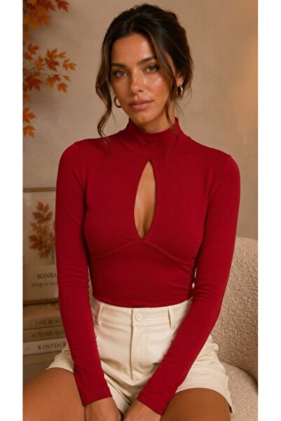 peralist Women's Burgundy Stand Collar Window Detailed Viscose Elastane Blouse
