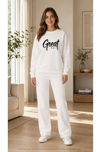 TREND EMMODA Women's Great Day Written Sweatpants Set/Round Neck Sweatshirt a...