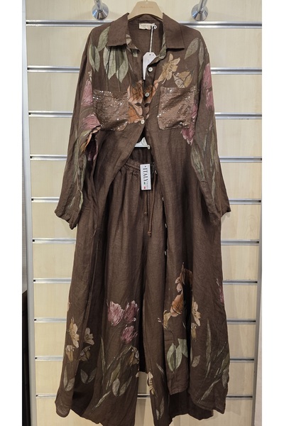 Park Moda Italian Linen Set Long Tunic Shirt Pants with Sequin Detail