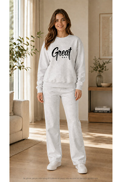 TREND EMMODA Women's Great Day Written Sweatpants Set/Round Neck Sweatshirt a...
