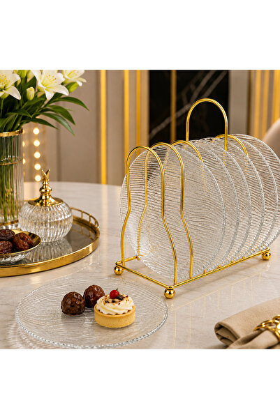 Dania Luxury Gold Metal Stand Transparent Glass Ripple Pattern 6 Bowl Set Ele...