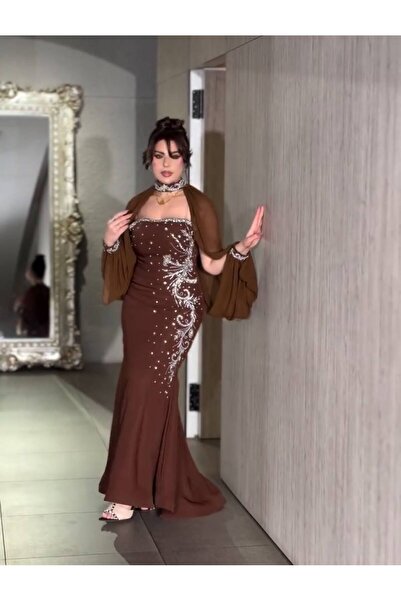NALA FASHION فستان سهرة طويل بلون بني دافئ،