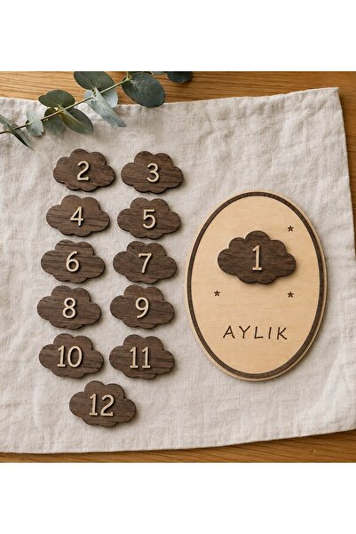 acargrafik Ahşap Bulut Şekilli Aylık Bebek Fotoğraf Çekim Kartları – 1-12 Ay