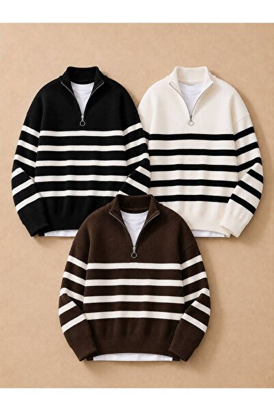 threeoff Men's 3-Piece Set Half-Zipper Striped Knitwear Sweater Oversize Model