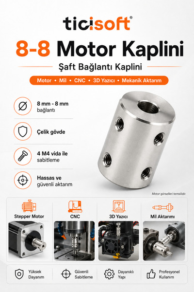 Ticisoft 8-8 Motor Kaplini Sabit Şaft Bağlantı Kaplin Motor Pimi Çoğaltıcı 8mm Çelik 4 M4 Vidalı Alyanlı