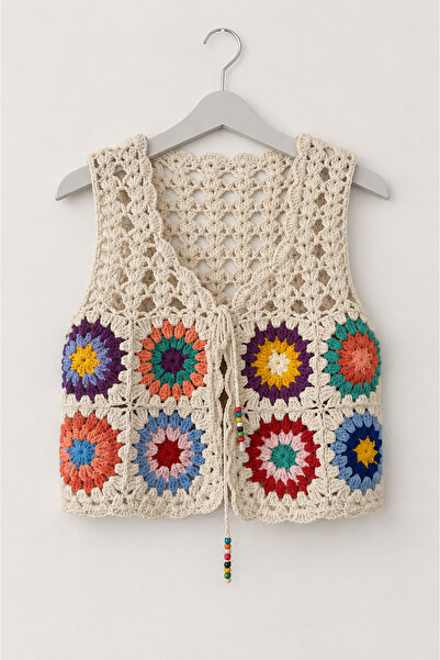 edirneörgü Women's Colorful Floral Motif Hand-Knitted Summer Vest – Tie-Up Bohemian Model