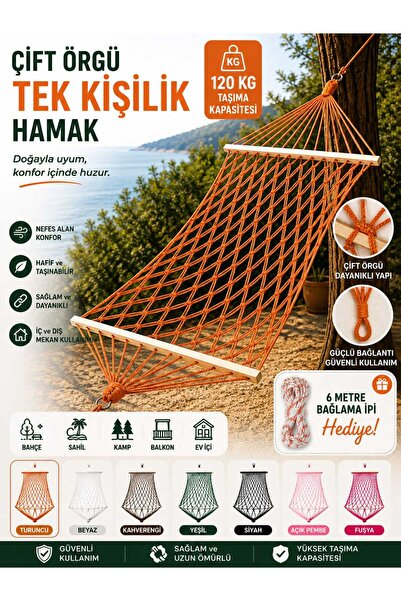 ASG ÇİFT ÖRGÜ RENKLİ İPTEN EL ÖRGÜSÜ TEK KİŞİLİK ŞIK HAMAK 120 KG TAŞIMA KAPA...