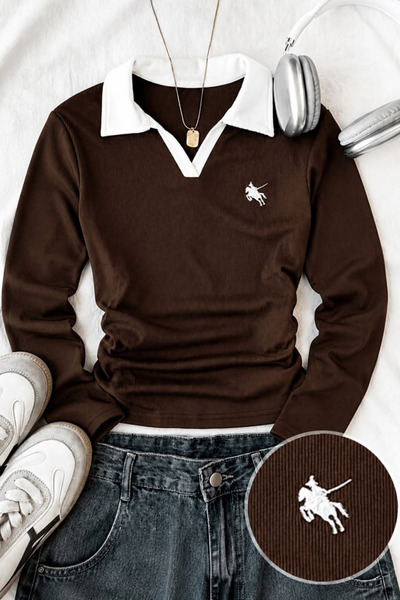 1blood Olos Polo Collar Embroidered Gathered Long Sleeve Blouse