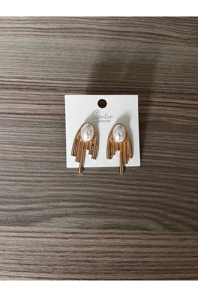 MOJOMIX Gold Colored Asymmetrical Geometric Model Pearl Earrings