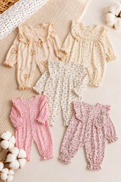 İZYALİF BABY Baby Girl 5-Piece Romper Set Floral Patterned Ruffled Cotton New...