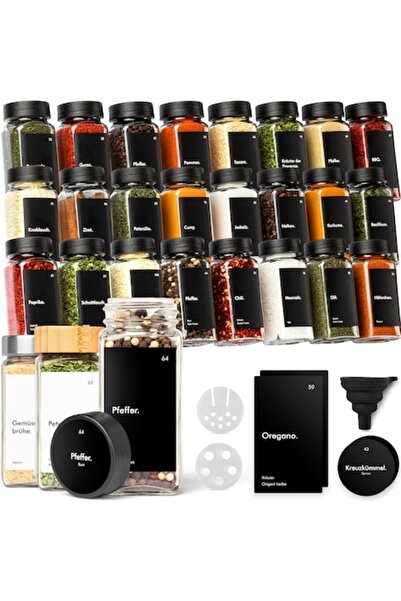 KIVY Set de 24 borcane de sticlă pentru condimente, 120 ml, cu capace negre, ...