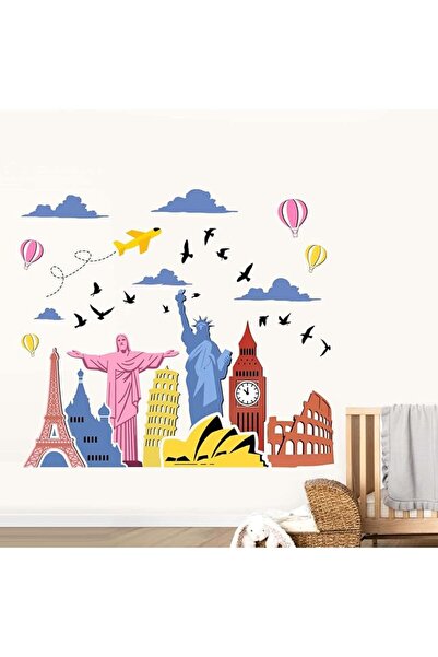 Amimagen World Famous Landmarks Wall Decals: Peel and Stick Globe Travel Stat...