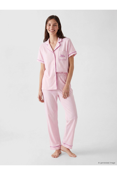 LC Waikiki Lcw Dream Pink Shirt Collar 100% Cotton Women's Pajama Set