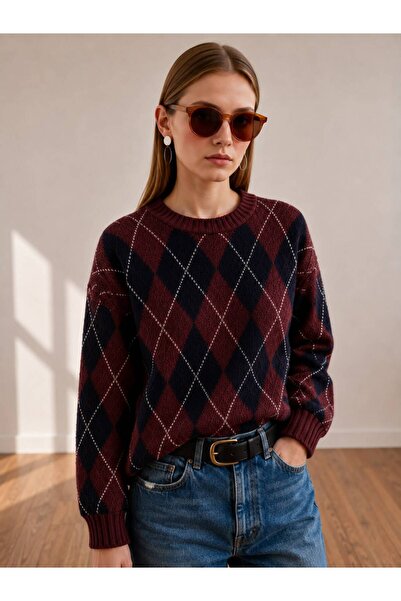 pepule Women's Diamond Patterned Knitwear Sweater, Crew Neck, Long Sleeve, Lo...