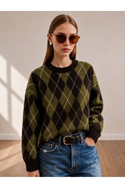 pepule Women's Diamond Patterned Knitwear Sweater, Crew Neck, Long Sleeve, Lo...
