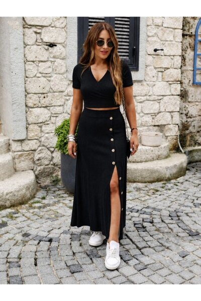 Şeker Portakalım Women's Short Sleeve Double Breasted Collared Short Crop Ott...