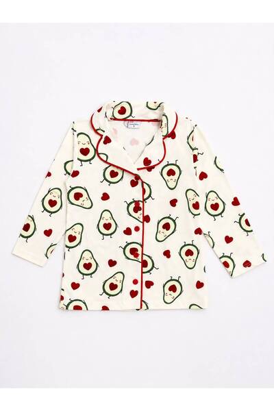 Fil Kids Mother-Daughter Cotton Flexible Milan Fabric White Avocado Heart Pattern Shirt Collar Buttoned Sleep Band Pajama Set