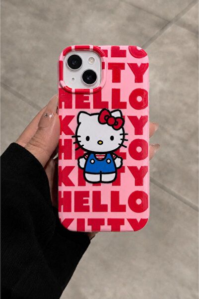 MustCase iPhone 13 / 14 / 15 Uyumlu Pembe Hello Kitty Desenli Kırmızı Kabartm...