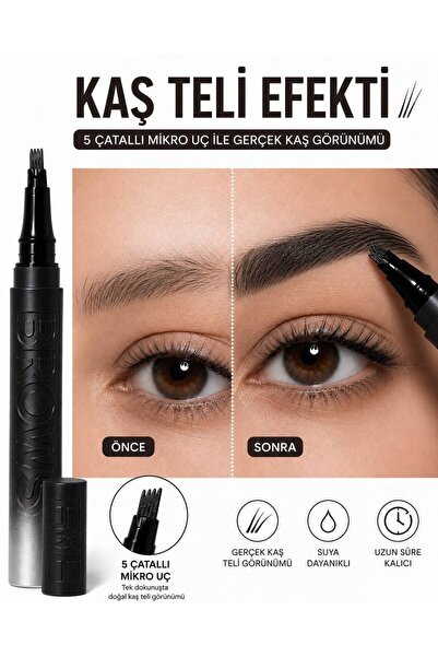 NUNUKO Siyah Kaş Teli Efektli Waterproof Likit Kaş Tattoo Kalem - 5 Çatallı M...