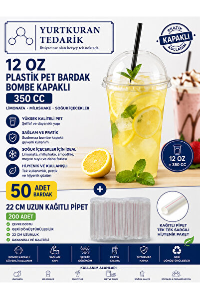 Yurtkurankimya 12 OZ PLASTİK PET BARDAK / BOMBE KAPAKLI 50 ADET VE 200 ADET S...