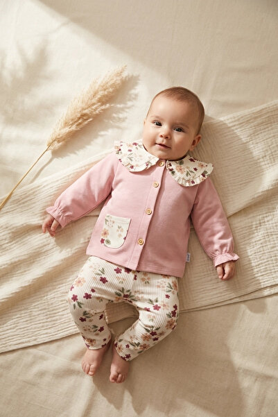 Babydonat Baby Girl Pink Floral Detailed Baby Collar Buttoned Cardigan and Ri...