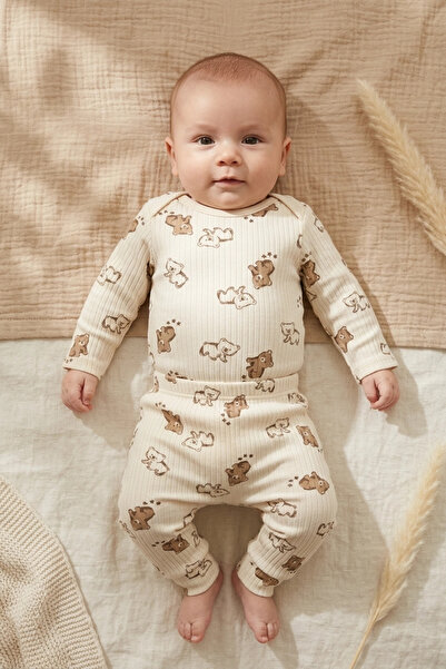 Süper Mini Baby Baby Unisex Teddy Bear Patterned Cream Ribbed Cotton Bodysuit...