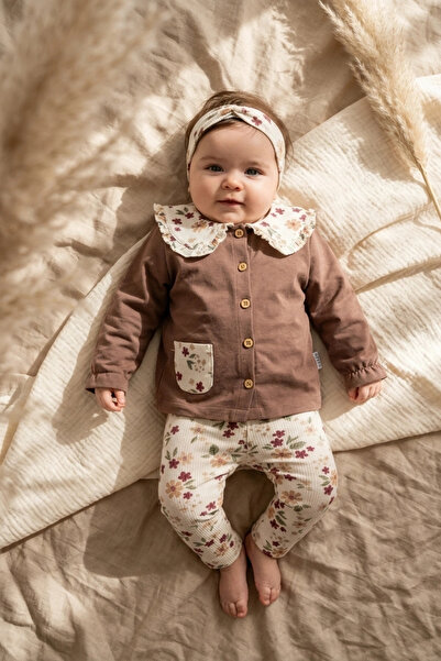 Babydonat Baby Girl Brown Floral Detailed Baby Collar Buttoned Cardigan and R...