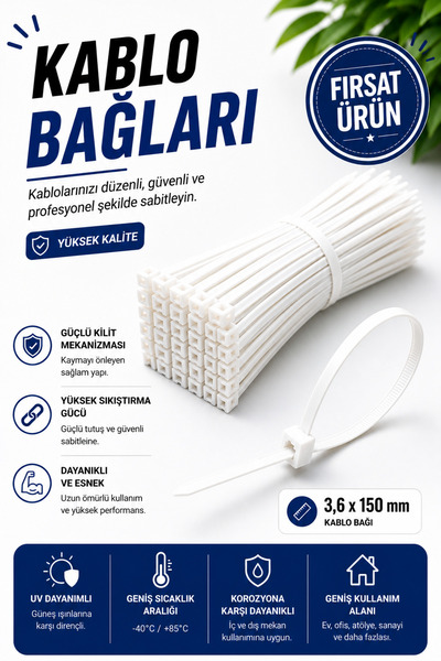 NEXTRA 3.6x150 mm Kablo Bağı - Beyaz Cırt Kelepçe - Plastik Kelepçe (25 Adet)