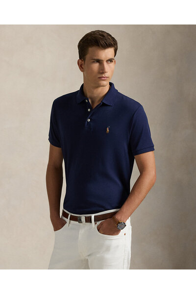 Ralph Lauren Blue قميص بولو شبكي مطرز بتصميم حصان مميز