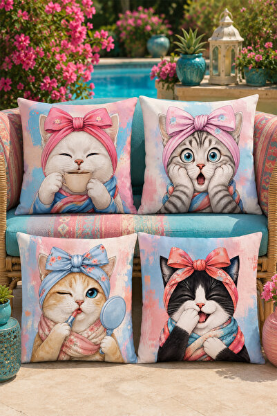 EVPANYA Fancy Cats Patterned 4-Piece Throw Pillow Cover Set