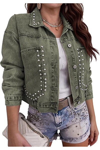 Generic Women's Rivet Cropped Denim Jacket Long Sleeve Western Distressed Jea...