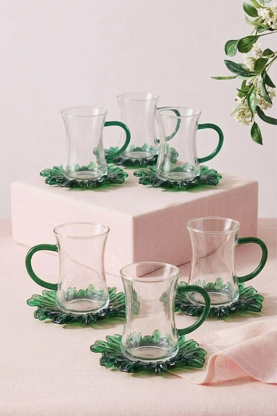 Kitchen Life 150 ml 12 Piece 6 Person Borosilicate Glass Aura Tea Set with Ha...